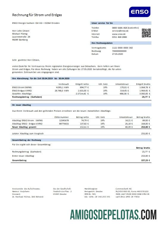 Conta de serviços públicos de eletricidade e gás natural ENSO da Alemanha exemplo